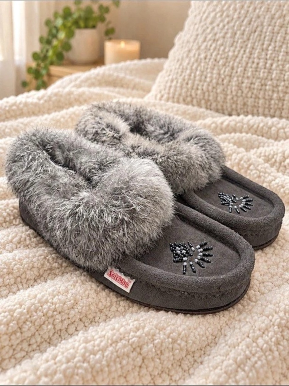 SoftMoc Grey Genuine Rabbit-Fur Moccasin Slippers
